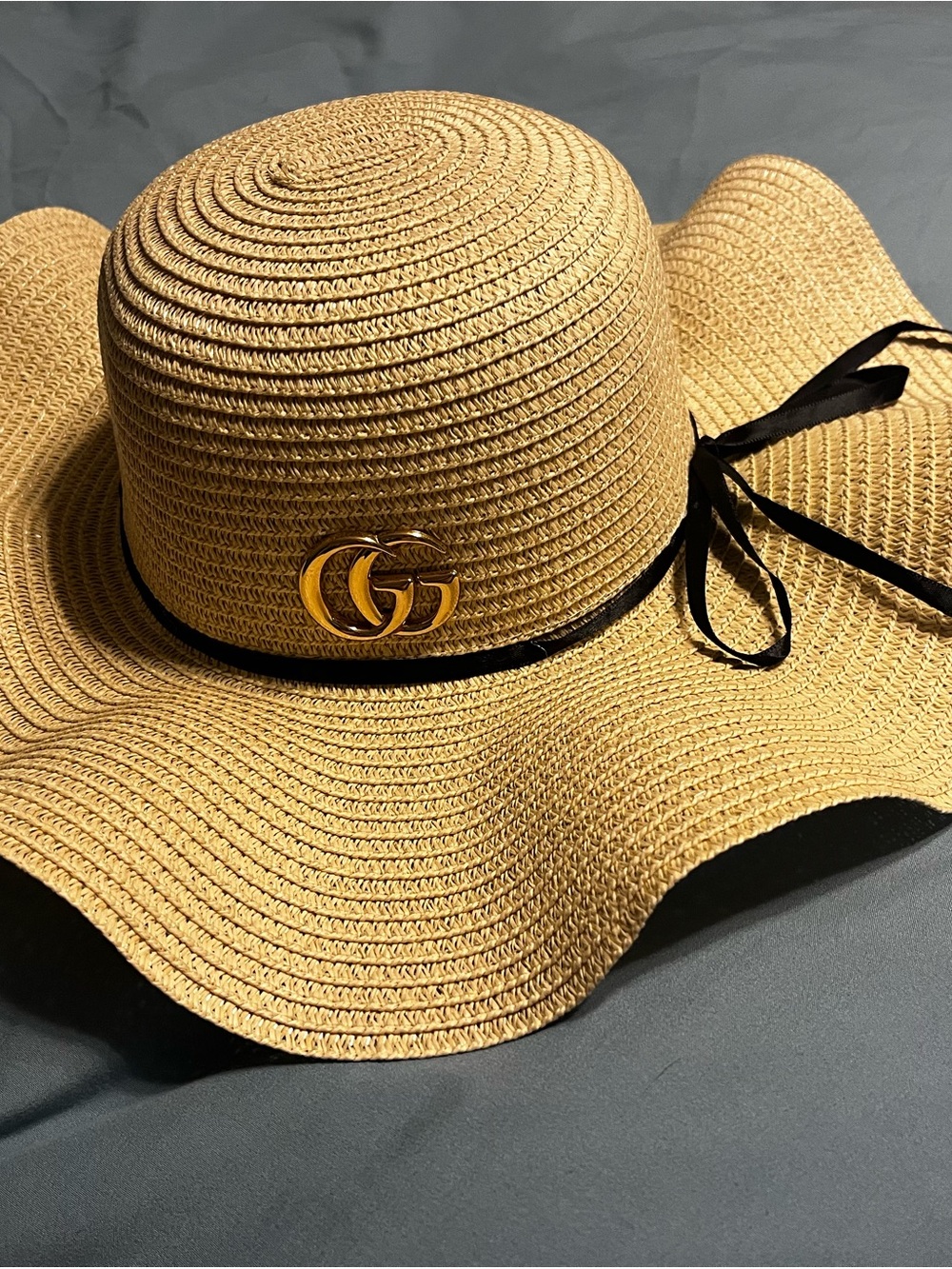 Designer-Inspired Wide-Brim Straw Sun Hat with Black Ribbon and Gold Accent